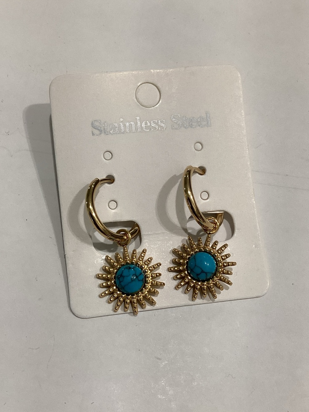 Gold Sunburst Hoop Earrings with Turquoise Stone -